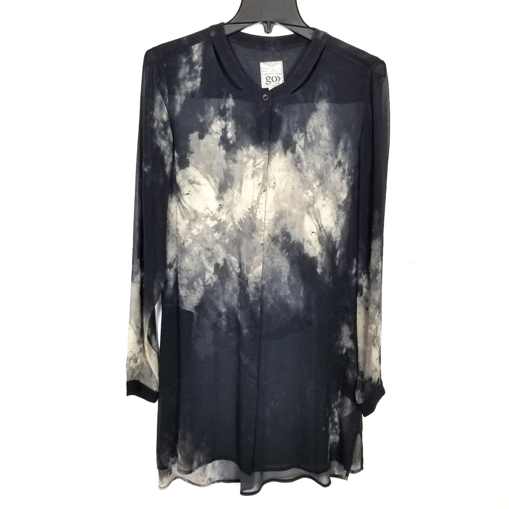 GO  by Go Silk Women 100% Silk Button Tunic‎ Sz S Semisheer Black Beige Blouse